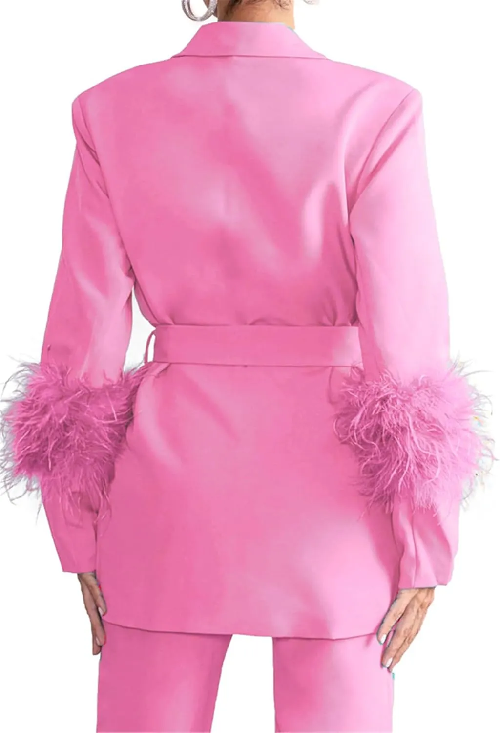 Womens Sexy 2 Pieces Feather Belted Blazer Jackets Bodycon Pants Party Clubwear Tracksuit Outfits Suit Set
