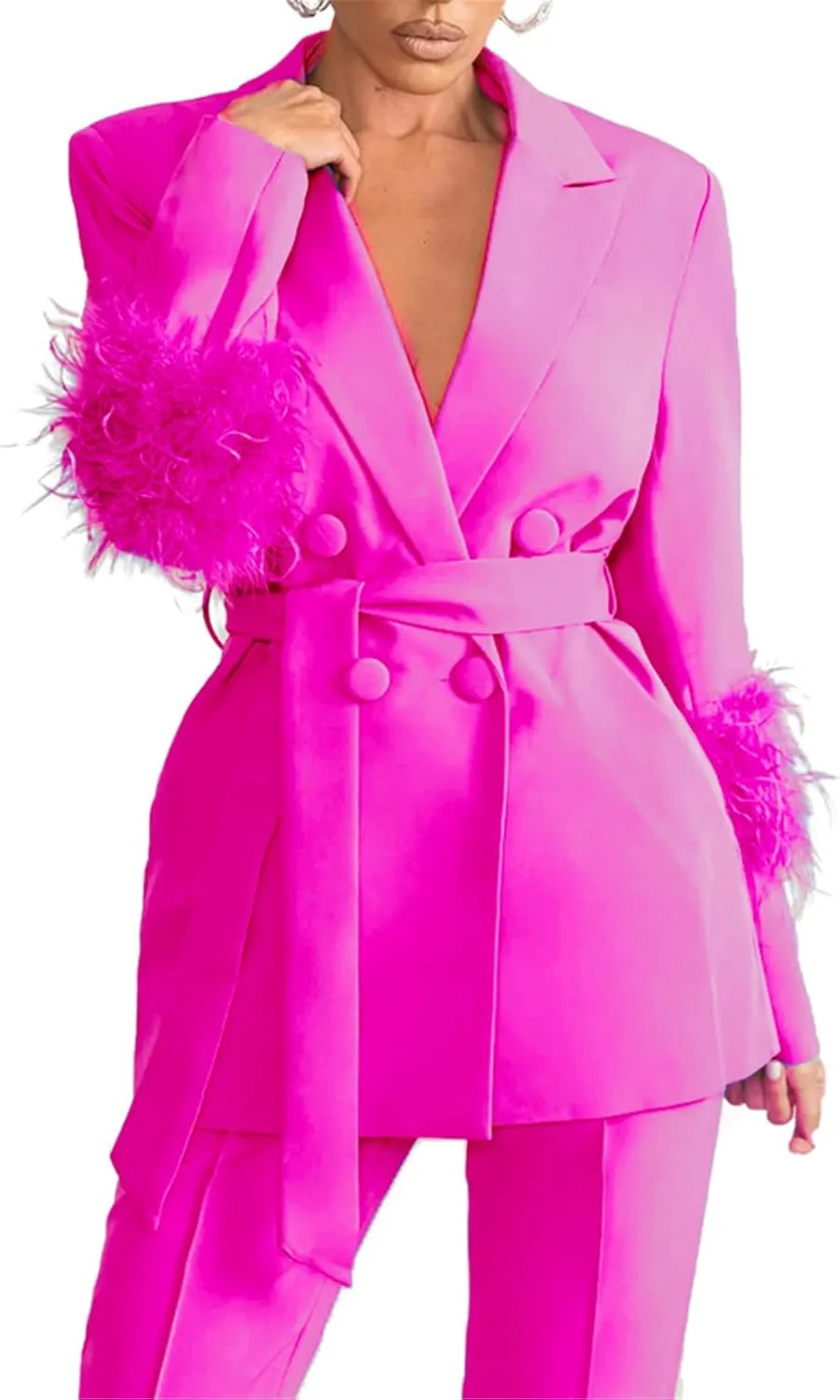 Womens Sexy 2 Pieces Feather Belted Blazer Jackets Bodycon Pants Party Clubwear Tracksuit Outfits Suit Set