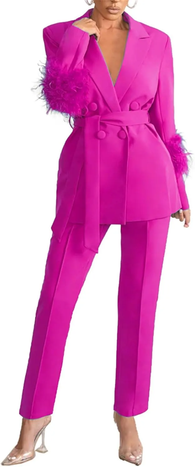 Womens Sexy 2 Pieces Feather Belted Blazer Jackets Bodycon Pants Party Clubwear Tracksuit Outfits Suit Set