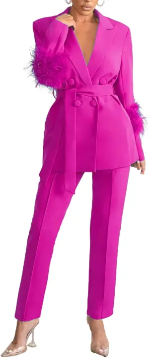 Womens Sexy 2 Pieces Feather Belted Blazer Jackets Bodycon Pants Party Clubwear Tracksuit Outfits Suit Set