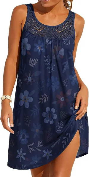 Women's Sleeveless Floral Lace Mini Dress Summer Beach Cover Ups Casual Flowy Swing Sundresses