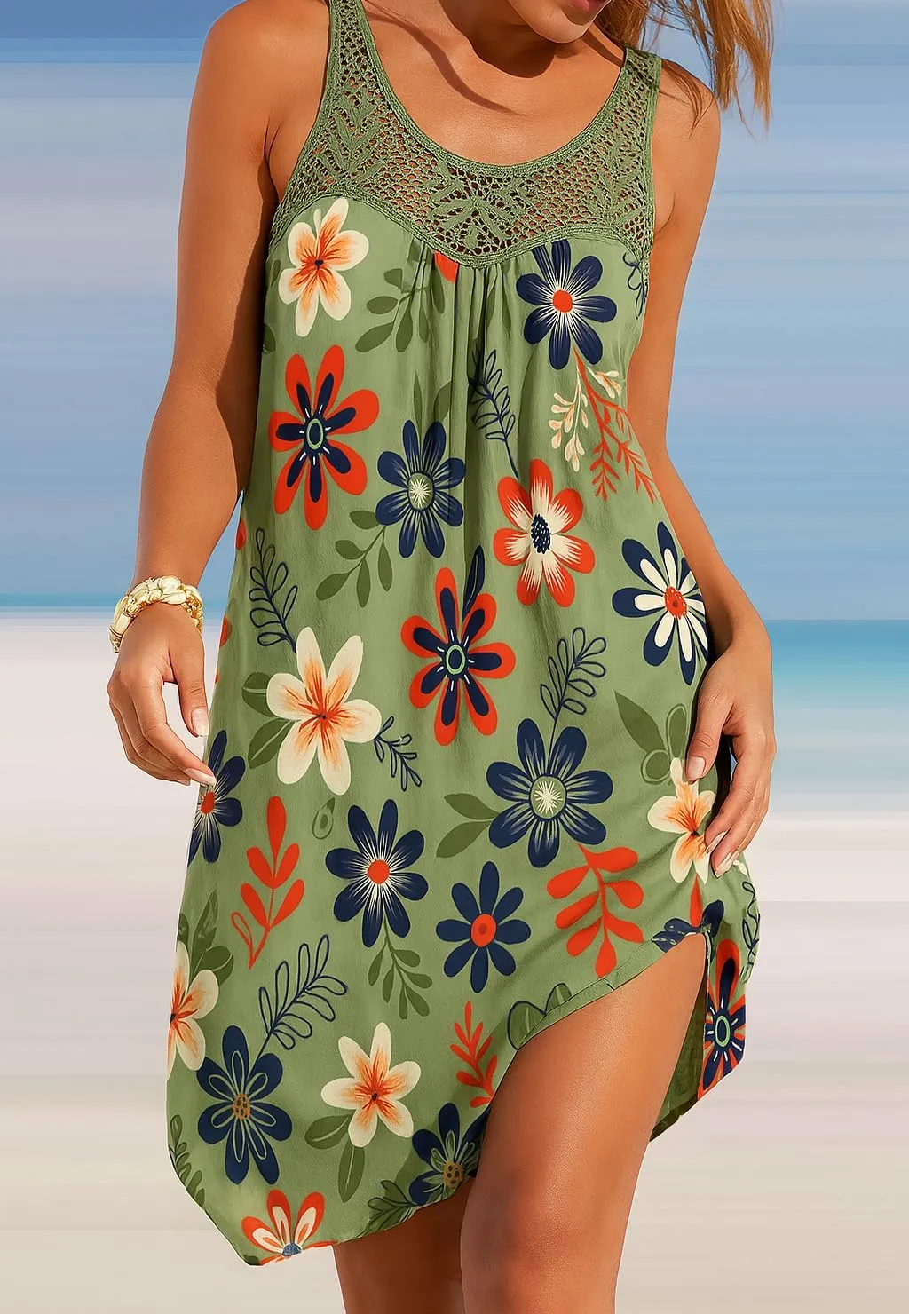 Women's Sleeveless Floral Lace Mini Dress Summer Beach Cover Ups Casual Flowy Swing Sundresses