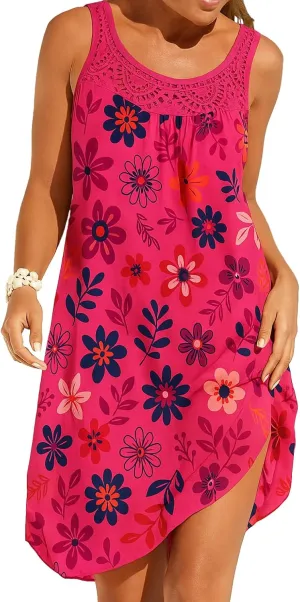 Women's Sleeveless Floral Lace Mini Dress Summer Beach Cover Ups Casual Flowy Swing Sundresses