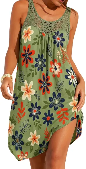 Women's Sleeveless Floral Lace Mini Dress Summer Beach Cover Ups Casual Flowy Swing Sundresses