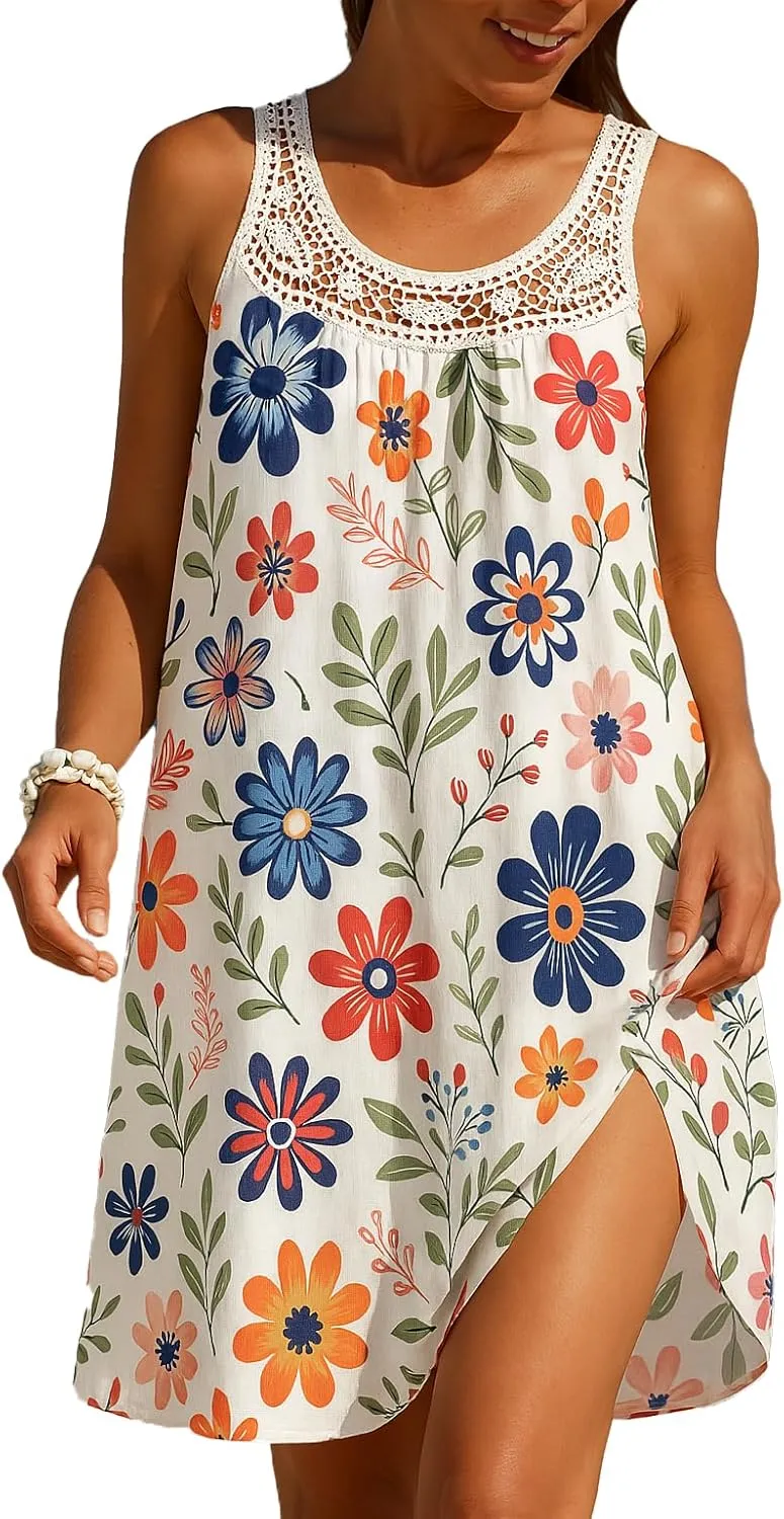 Women's Sleeveless Floral Lace Mini Dress Summer Beach Cover Ups Casual Flowy Swing Sundresses