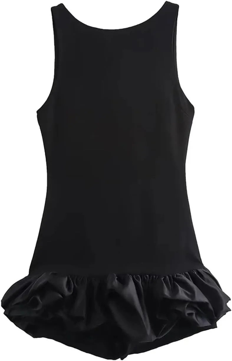 Women's Sleeveless Solid Color Ruffle Hem Fluffy Backless Slim Mini Dress Sexy Prom Party Dresses