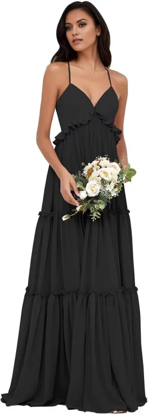 Women's Spaghetti Straps Chiffon Bridesmaid Dresses for Wedding Party V-Neck Tiered Formal Guest Evening Gowns DR0743
