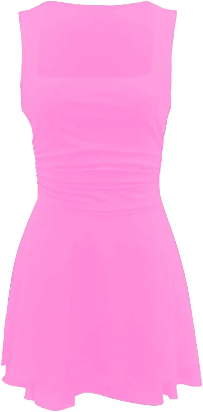 Womens Square Neck Ruffle Mini Dress Summer Ruched Waist Short Party Dresses Casual Sleeveless Tiered A Line Dress