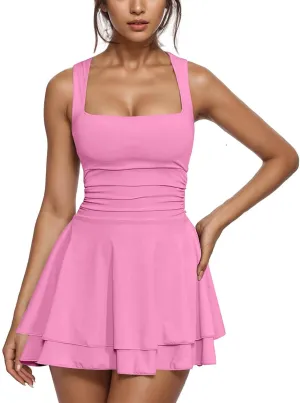 Womens Square Neck Ruffle Mini Dress Summer Ruched Waist Short Party Dresses Casual Sleeveless Tiered A Line Dress