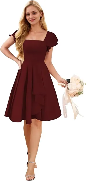 Womens Square Neck Short Bridesmaid Dresses 2025 A Line Chiffon Formal Cocktail Party Dress with Sleeve