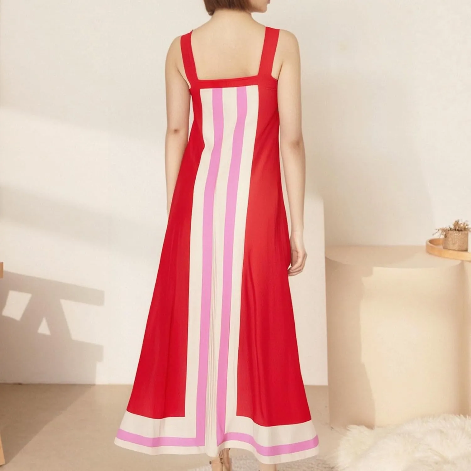 Women's Striped Midi Dress Sundresses Summer Bohemian Floral Sundress Color Block Dresses Strap Beach Dress Cover Up Dresses