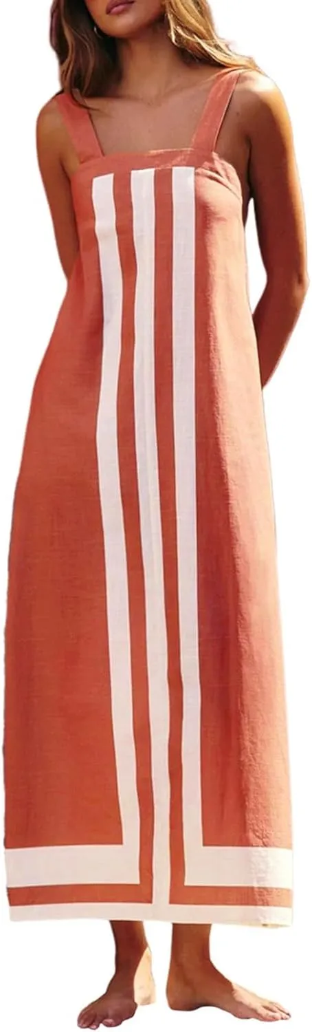 Women's Striped Midi Dress Sundresses Summer Bohemian Floral Sundress Color Block Dresses Strap Beach Dress Cover Up Dresses