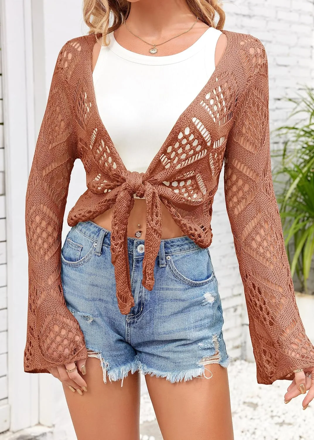 Womens Summer Boho Tops Sheer Crochet Coverup Beach Bathing Swimsuit Cover Ups Shrugs Crop Swimwear Outfits