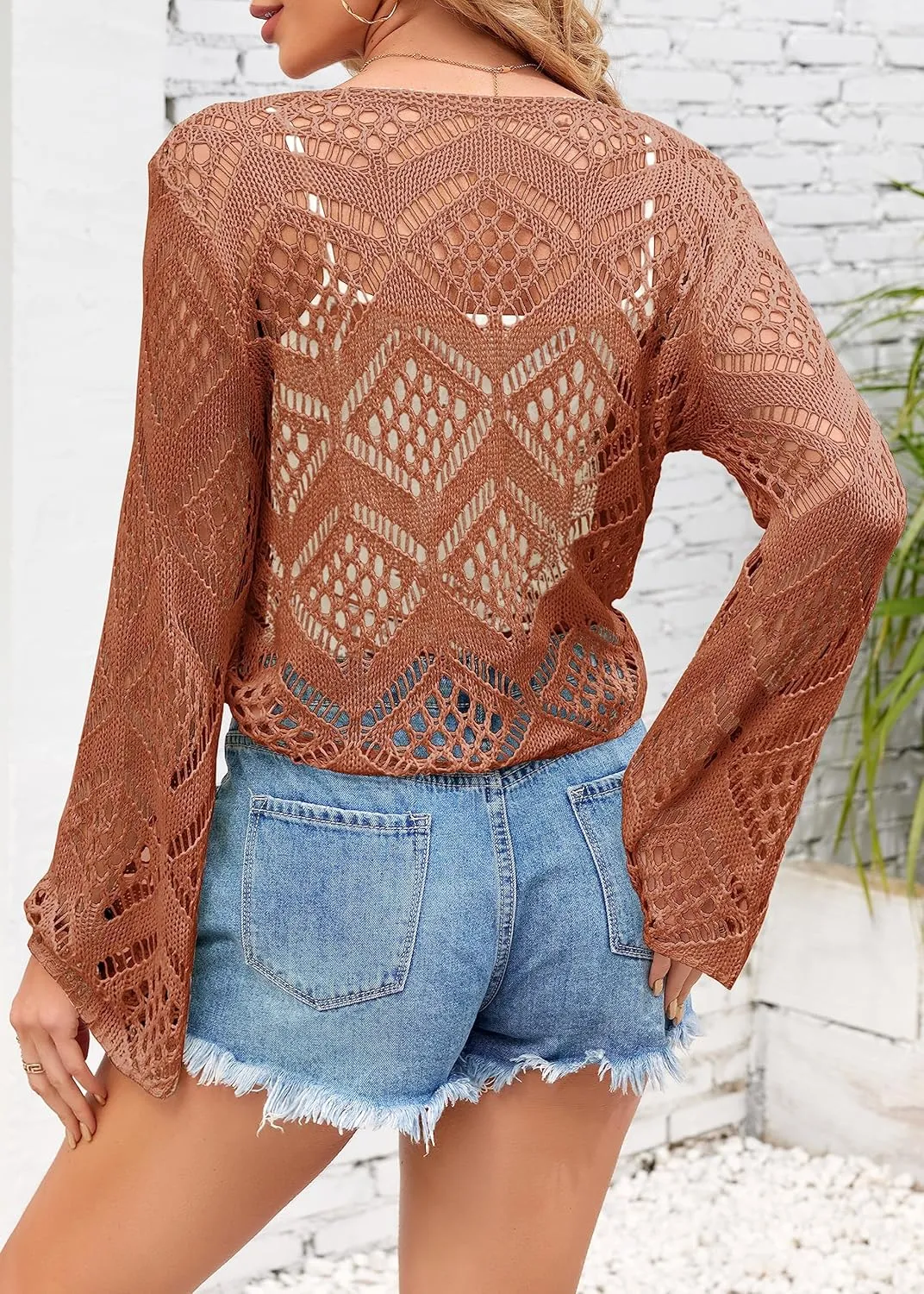 Womens Summer Boho Tops Sheer Crochet Coverup Beach Bathing Swimsuit Cover Ups Shrugs Crop Swimwear Outfits