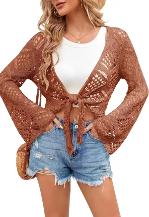 Womens Summer Boho Tops Sheer Crochet Coverup Beach Bathing Swimsuit Cover Ups Shrugs Crop Swimwear Outfits