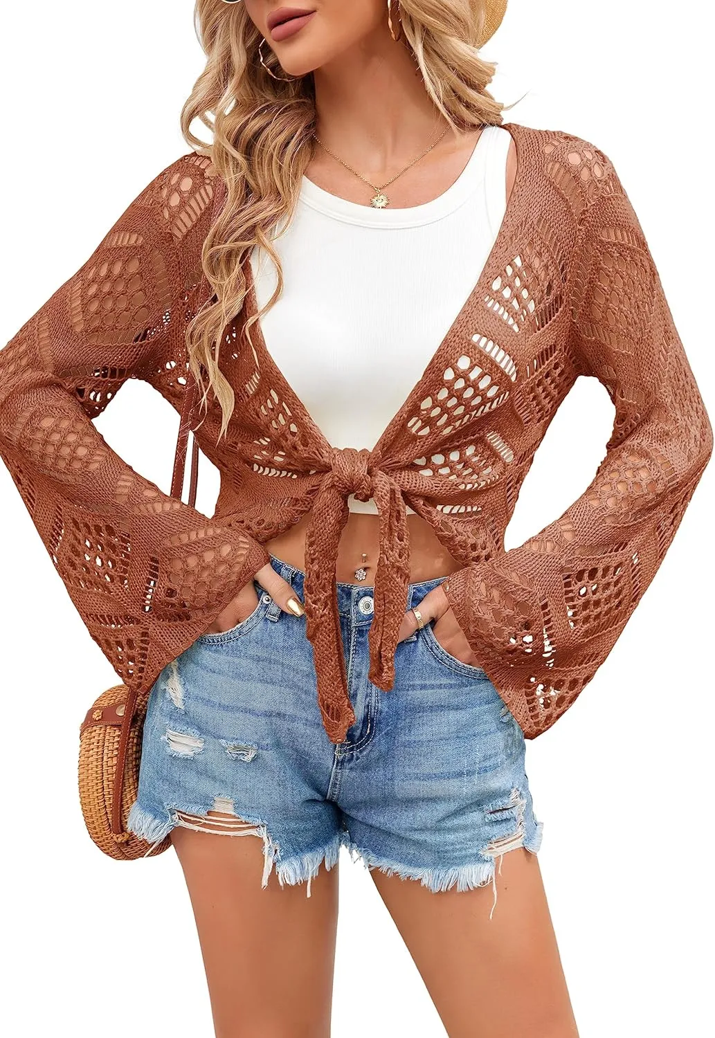 Womens Summer Boho Tops Sheer Crochet Coverup Beach Bathing Swimsuit Cover Ups Shrugs Crop Swimwear Outfits
