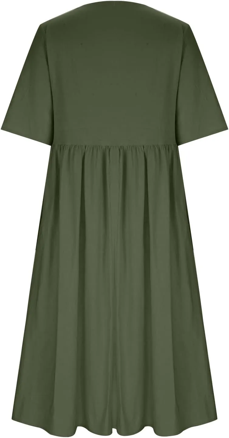 Womens Summer Casual Cotton Linen Boho Dress Short Sleeve Linen Maxi Dresses Loose Plus Size Beach Dress with Pockets