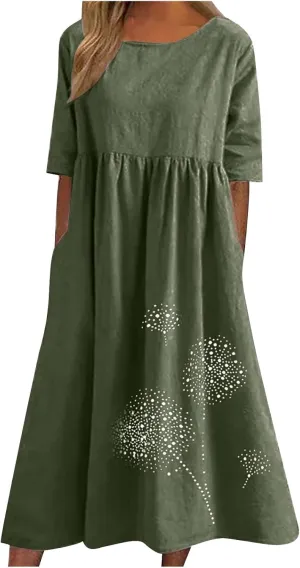 Womens Summer Casual Cotton Linen Boho Dress Short Sleeve Linen Maxi Dresses Loose Plus Size Beach Dress with Pockets