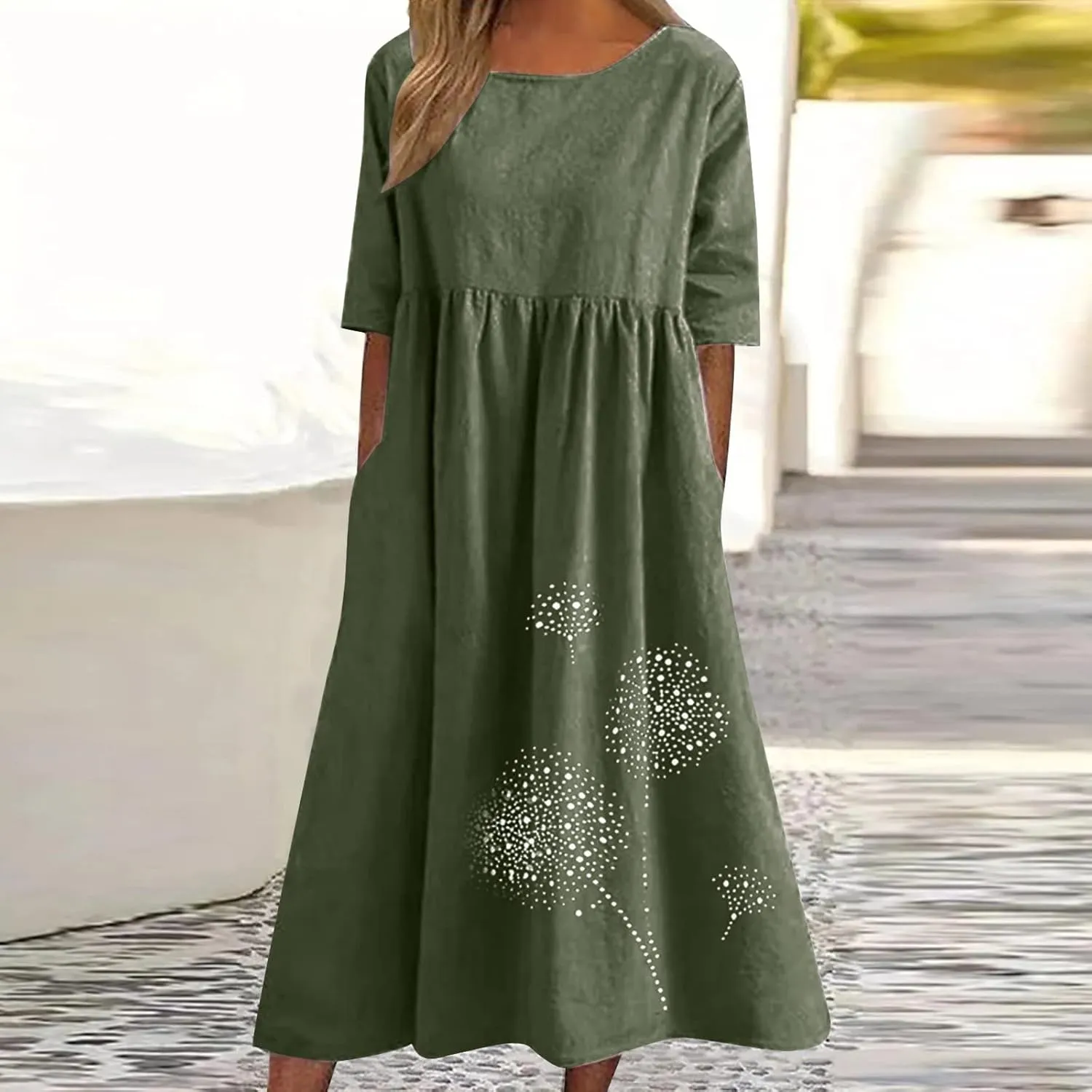 Womens Summer Casual Cotton Linen Boho Dress Short Sleeve Linen Maxi Dresses Loose Plus Size Beach Dress with Pockets
