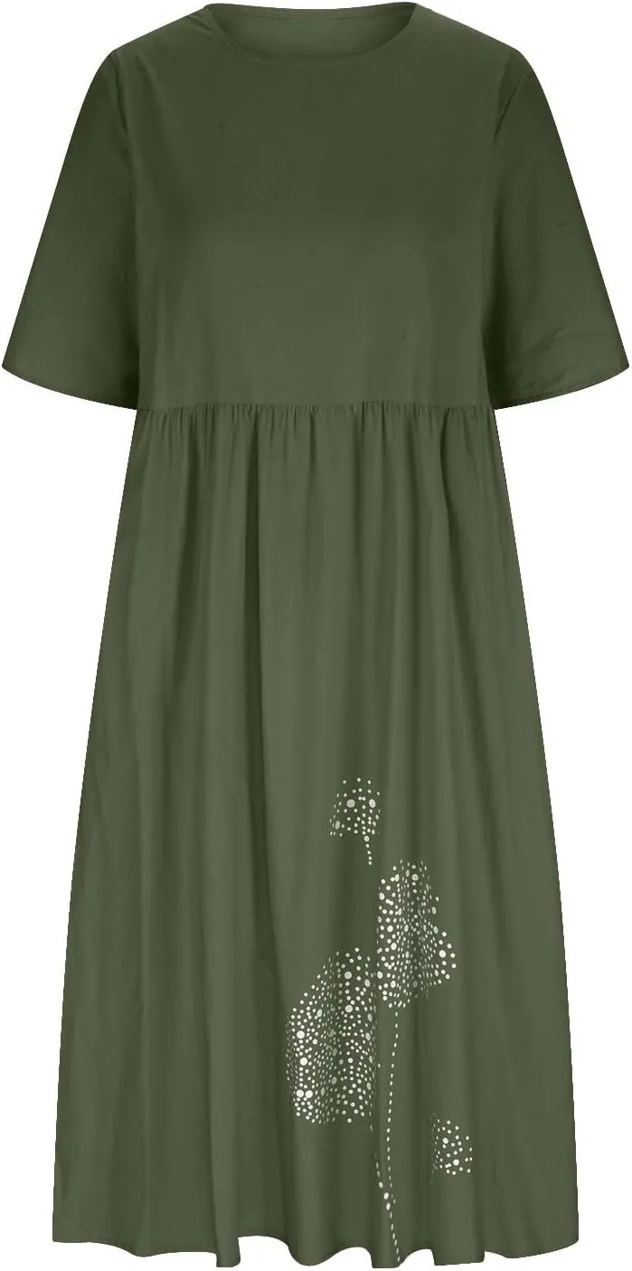 Womens Summer Casual Cotton Linen Boho Dress Short Sleeve Linen Maxi Dresses Loose Plus Size Beach Dress with Pockets