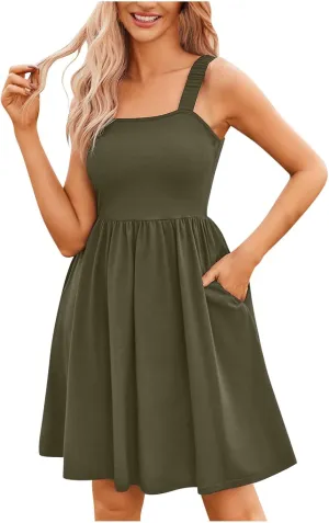 Women's Summer Casual Dresses High Waisted Spaghetti Strap Sleeveless T-Shirt Dresses Ruffle A Line Swing Mini Dress