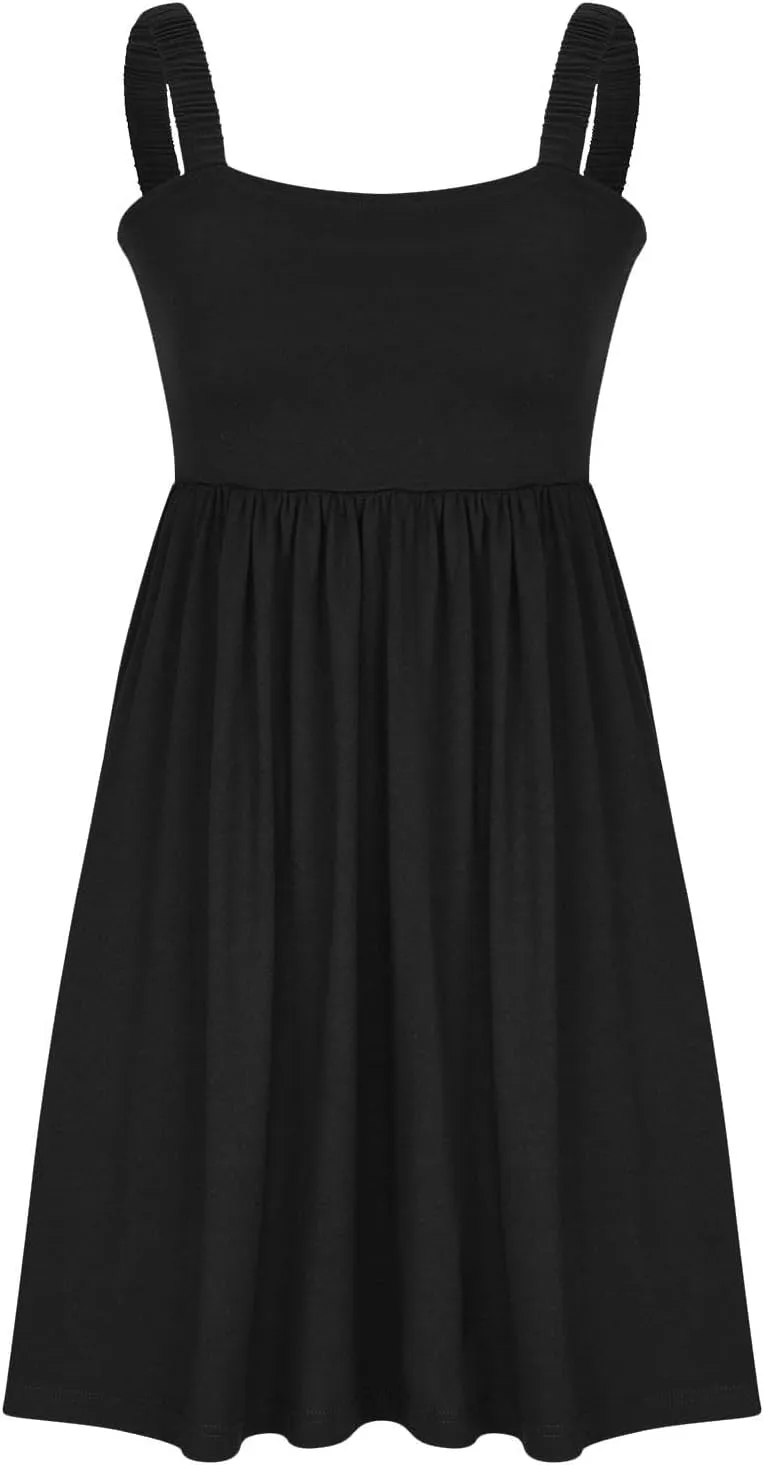 Women's Summer Casual Dresses High Waisted Spaghetti Strap Sleeveless T-Shirt Dresses Ruffle A Line Swing Mini Dress