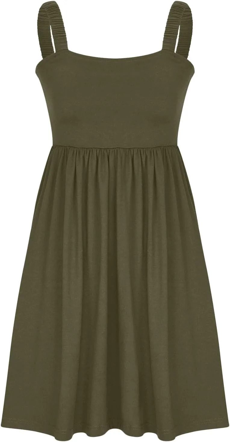 Women's Summer Casual Dresses High Waisted Spaghetti Strap Sleeveless T-Shirt Dresses Ruffle A Line Swing Mini Dress