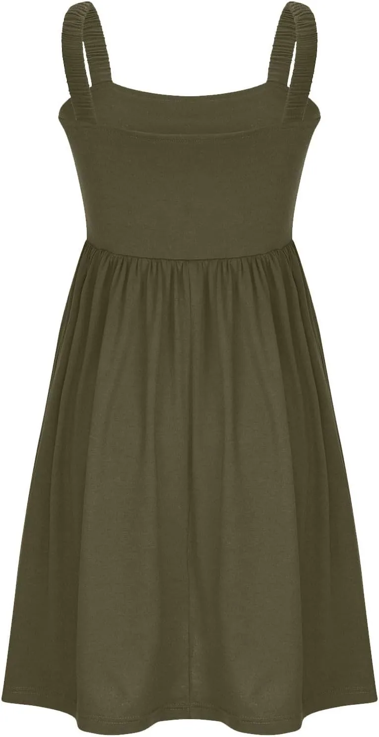 Women's Summer Casual Dresses High Waisted Spaghetti Strap Sleeveless T-Shirt Dresses Ruffle A Line Swing Mini Dress