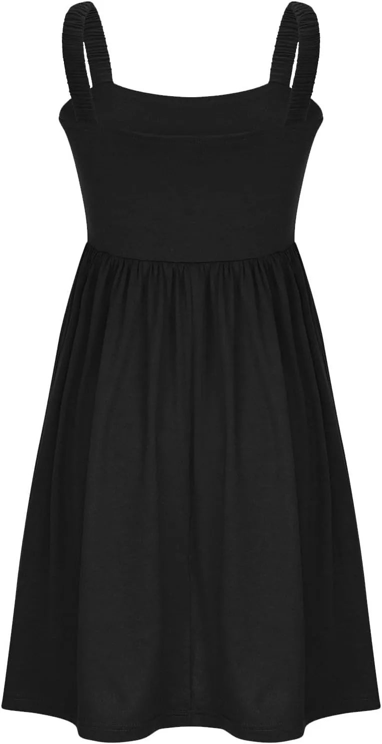 Women's Summer Casual Dresses High Waisted Spaghetti Strap Sleeveless T-Shirt Dresses Ruffle A Line Swing Mini Dress