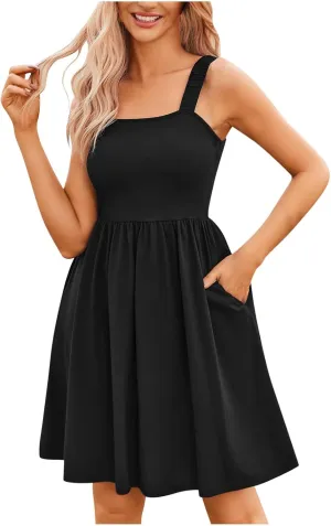 Women's Summer Casual Dresses High Waisted Spaghetti Strap Sleeveless T-Shirt Dresses Ruffle A Line Swing Mini Dress