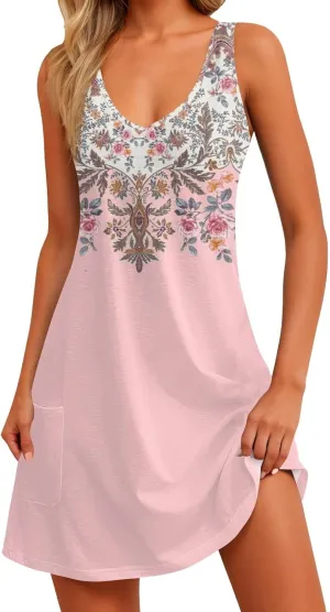 Womens Summer Dress 2025 Loose V Neck Sleeveless Sundresses Swimsuit Coverup with Pockets Casual Tank Dresses