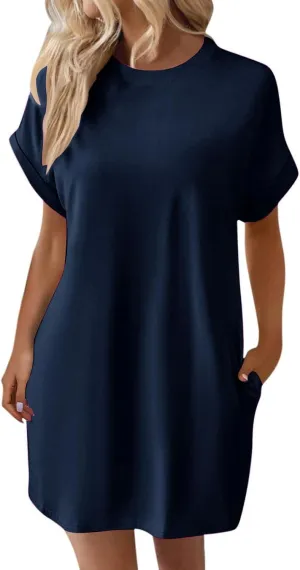 Women's Summer Dress Crewneck Short Sleeve Mini Dresses Batwing Casual Beach Vacation Tshirt Dresses with Pockets