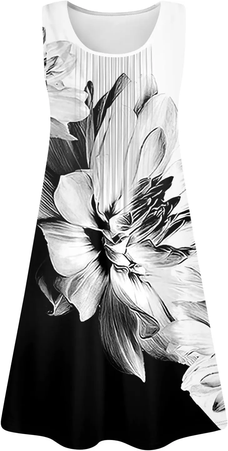 Women's Summer Dresses 2025 Casual Beach U Neck Sleeveless Sundresses Vintage Flowy Boho Tank Dress with Pockets