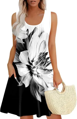Women's Summer Dresses 2025 Casual Beach U Neck Sleeveless Sundresses Vintage Flowy Boho Tank Dress with Pockets