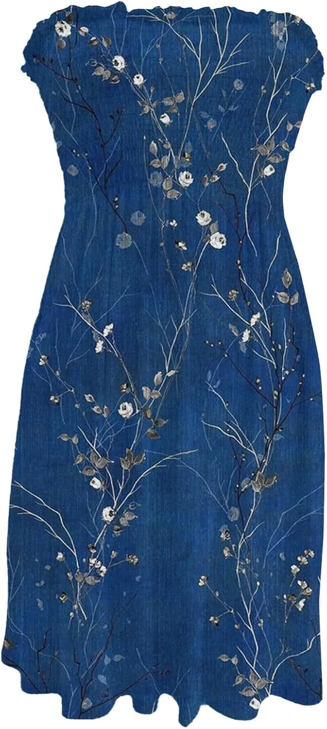 Women's Summer Dresses 2025 Sexy Beach Cover Ups Strapless Boho Floral Print Sundress Tube Top Dress