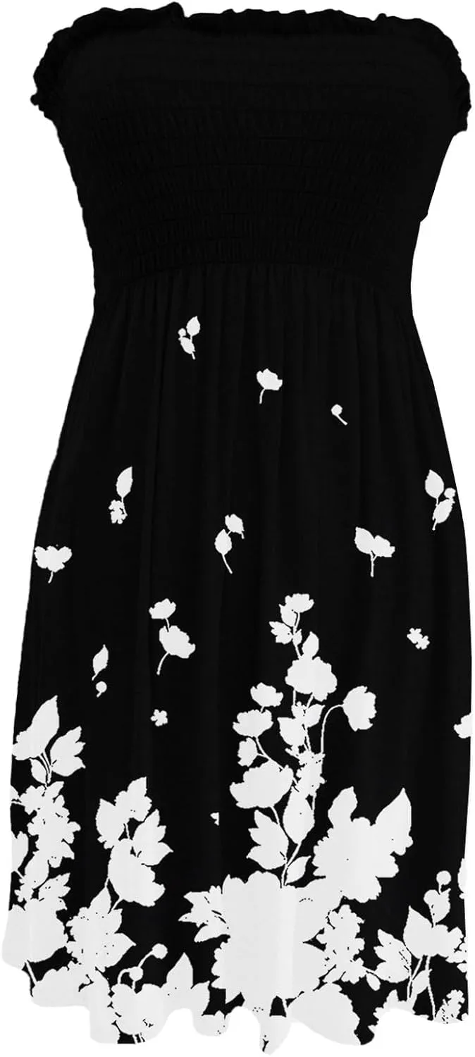 Women's Summer Dresses 2025 Sexy Beach Cover Ups Strapless Boho Floral Print Sundress Tube Top Dress