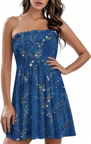 Women's Summer Dresses 2025 Sexy Beach Cover Ups Strapless Boho Floral Print Sundress Tube Top Dress
