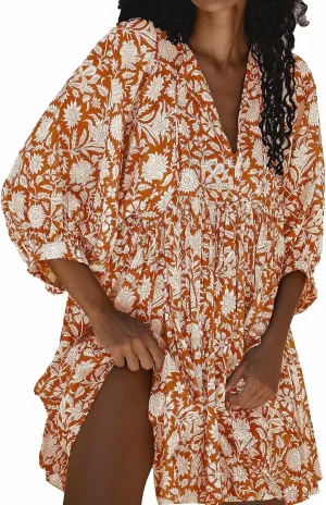 Womens Summer Dresses Casual Boho Floral Babydoll Balloon Sleeve Half Open Tether Flowy Short Beach Dress