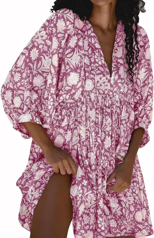 Womens Summer Dresses Casual Boho Floral Babydoll Balloon Sleeve Half Open Tether Flowy Short Beach Dress