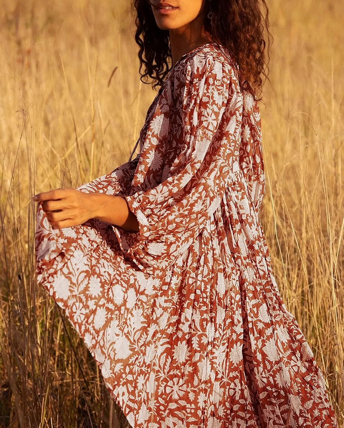 Womens Summer Dresses Casual Boho Floral Babydoll Balloon Sleeve Half Open Tether Flowy Short Beach Dress