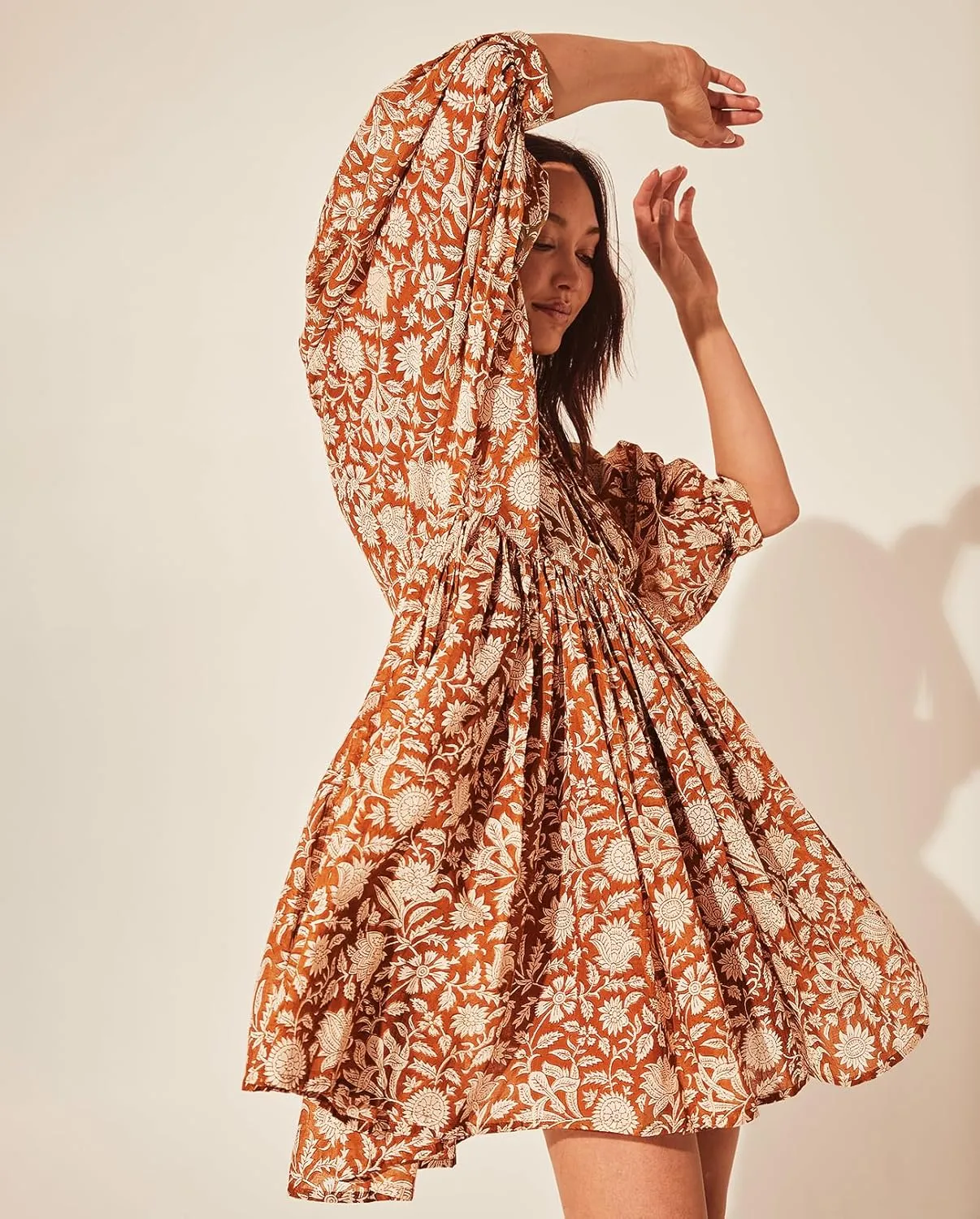 Womens Summer Dresses Casual Boho Floral Babydoll Balloon Sleeve Half Open Tether Flowy Short Beach Dress