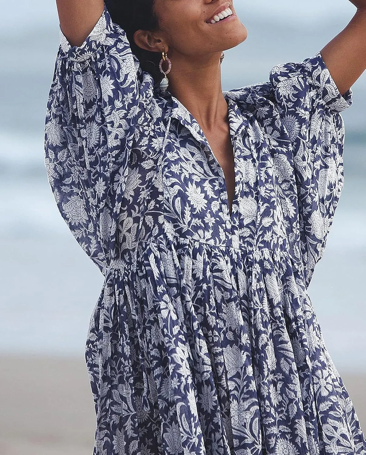 Womens Summer Dresses Casual Boho Floral Babydoll Balloon Sleeve Half Open Tether Flowy Short Beach Dress