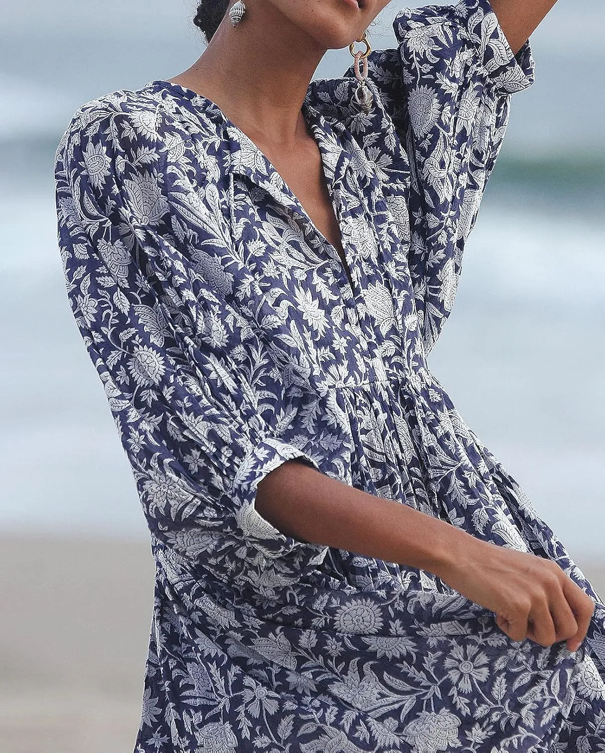 Womens Summer Dresses Casual Boho Floral Babydoll Balloon Sleeve Half Open Tether Flowy Short Beach Dress