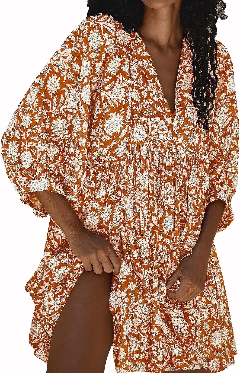 Womens Summer Dresses Casual Boho Floral Babydoll Balloon Sleeve Half Open Tether Flowy Short Beach Dress