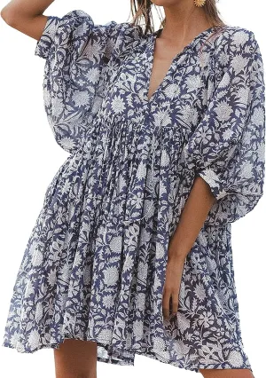 Womens Summer Dresses Casual Boho Floral Babydoll Balloon Sleeve Half Open Tether Flowy Short Beach Dress