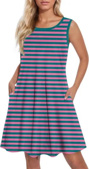 Womens Summer Dresses Loose Round Neck Sleeveless Sundresses Dress with Pockets