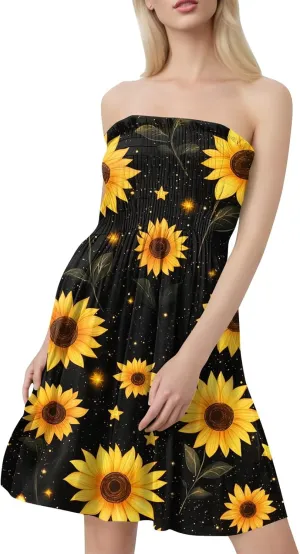 Womens Summer Dresses Strapless Boho Floral Mini Dress Casual Beach Cover Ups Tube Tops Sundress
