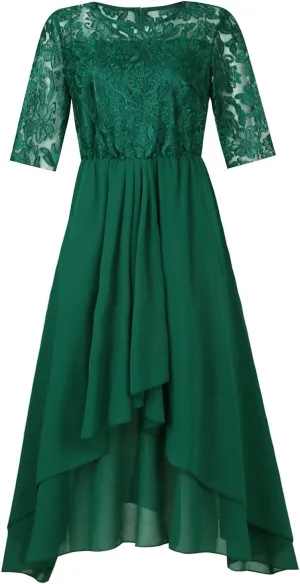 Women's Summer Elegant Trendy V-Neck Short Sleeve Lace Chiffon Prom Party Cocktail Wedding Guest Dress 2025, S-3XL