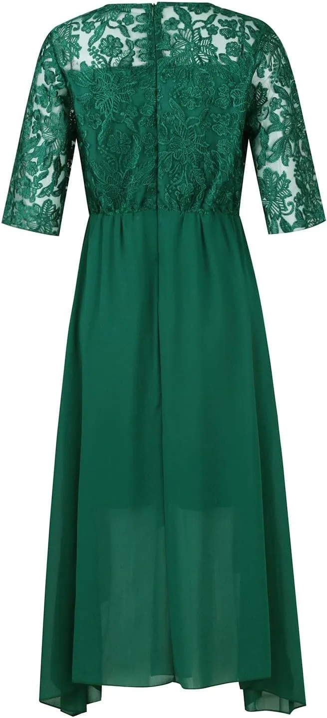Women's Summer Elegant Trendy V-Neck Short Sleeve Lace Chiffon Prom Party Cocktail Wedding Guest Dress 2025, S-3XL