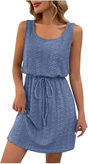 Womens Summer Eyelet Textured Tank Dresses Casual Scoop Neck Sleeveless Elastic Waist Short Mini Dress Beach Sundress